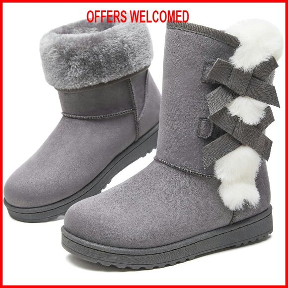 Women's Winter Boots Fur Lined Mid Calf Snow Boots with Bowknot